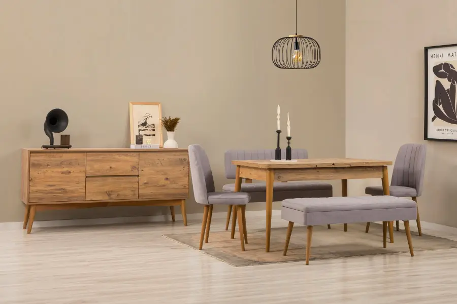 Jídelní set se stolem a konzolí VINA Bench 04 0701 (set 6 ks) – Set 6 ks / Borovice / Šedá ASIRGROUP