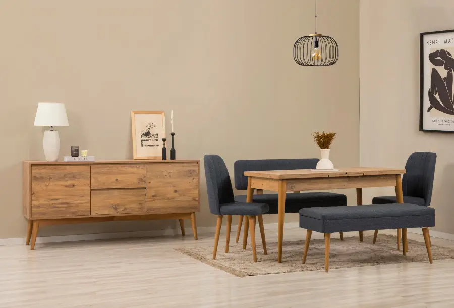 Jídelní set se stolem a konzolí VINA Bench 04 1048 (set 6 ks) – Set 6 ks / Borovice / Modrá ASIRGROUP