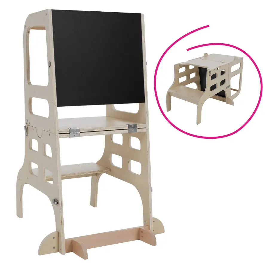 Montessori učící věž 3v1 s tabulí, přírodní, MAGAN Kondela