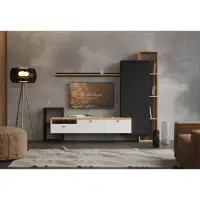 Obývací stěna, černá/bílá/dub craft zlatý, DENISO Kondela