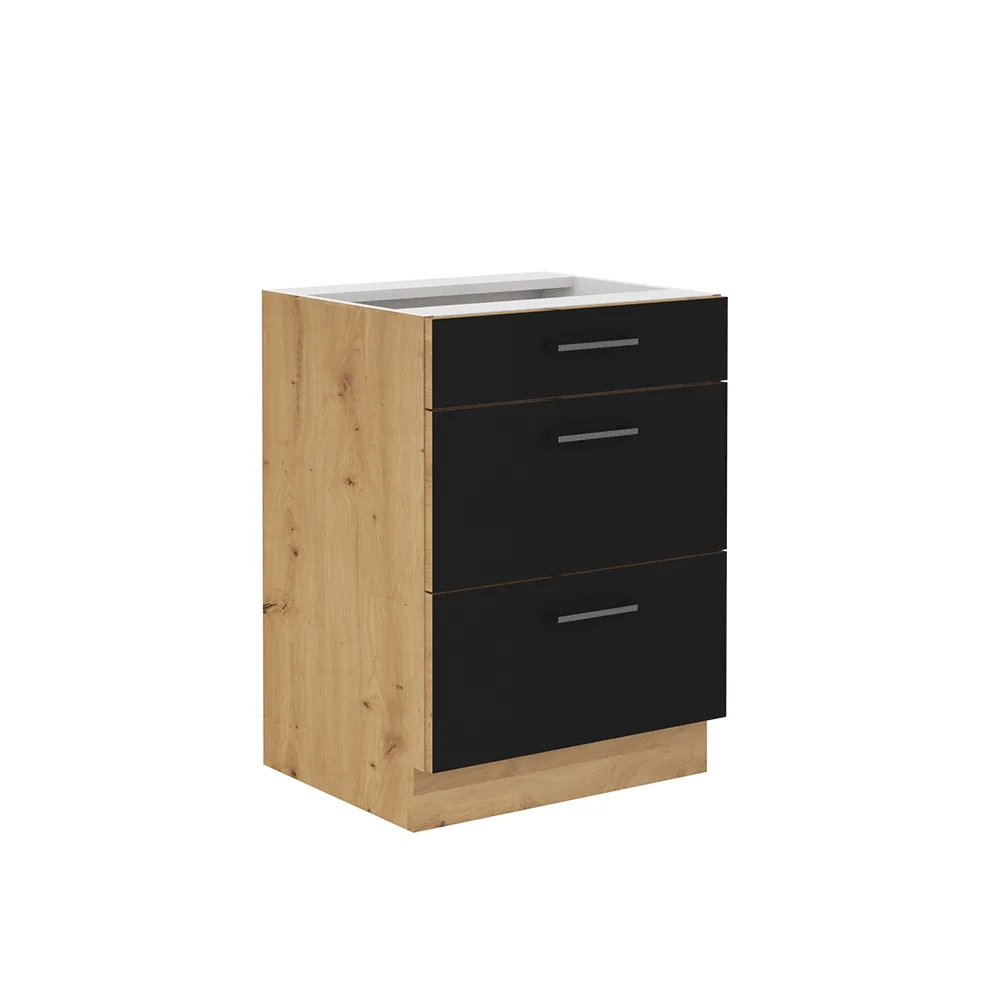 Spodní skříňka se zásuvkami, černý mat / dub artisan, Monro 60 D 3S BB Kondela